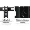 TV wall bracket hardware close-up showing safety lock security bolt left and adjustment screws tilt lock right on white