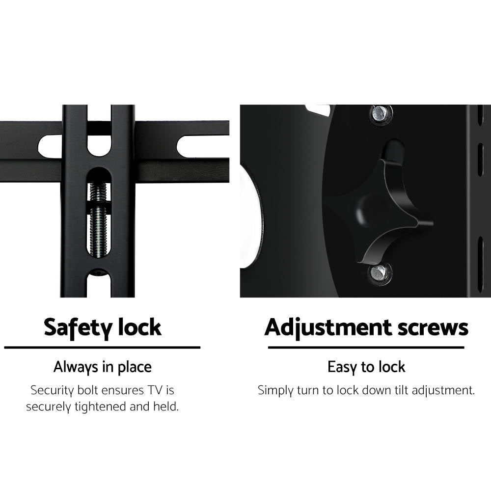 TV wall bracket hardware close-up showing safety lock security bolt left and adjustment screws tilt lock right on white
