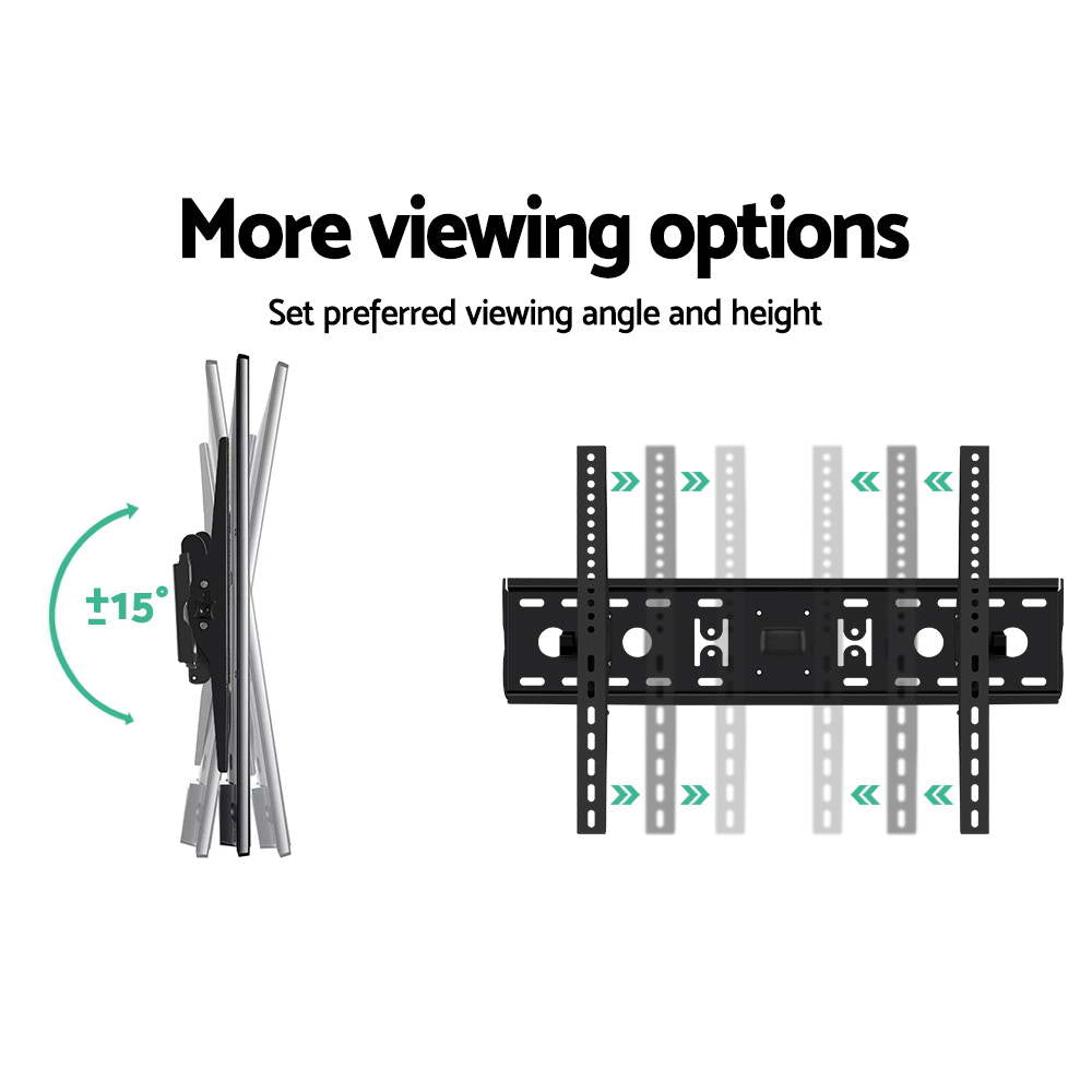TV wall bracket viewing options diagram plus-minus 15 degree tilt left and adjustable vertical rail width positions right
