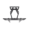 TV ceiling mount bottom view on white showing black X-arm mechanism and two silver horizontal TV mounting rails