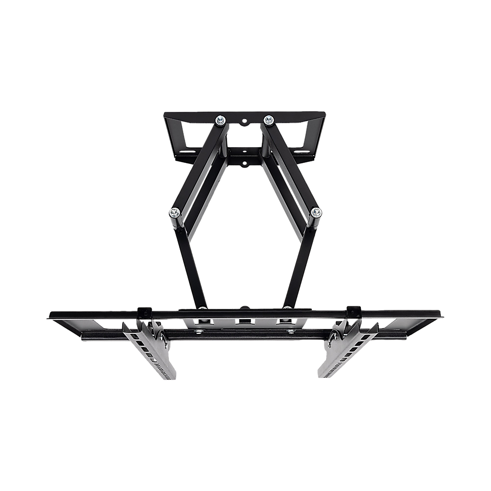 TV ceiling mount bottom view on white showing black X-arm mechanism and two silver horizontal TV mounting rails