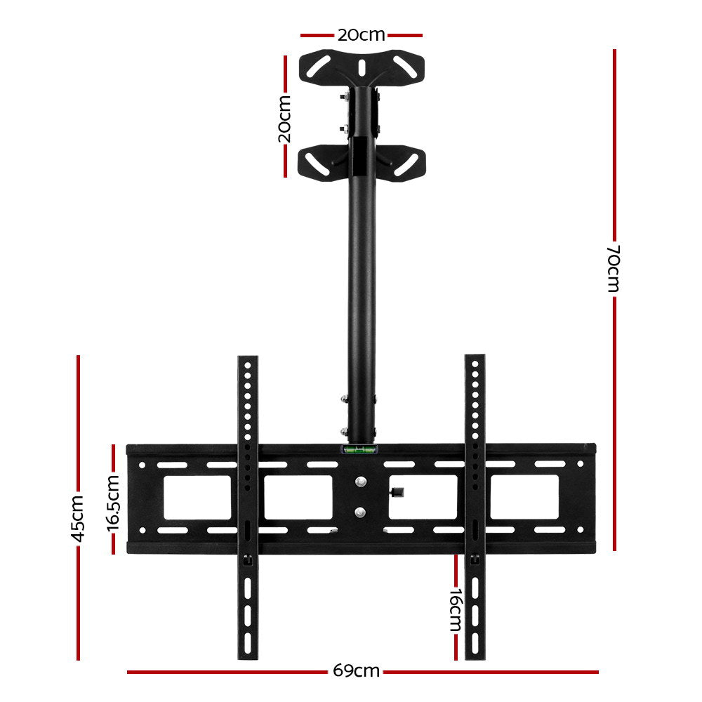 TV ceiling mount dimension diagram 20cm ceiling plate 70cm pole 69cm wide 45cm mounting plate with red measurement lines