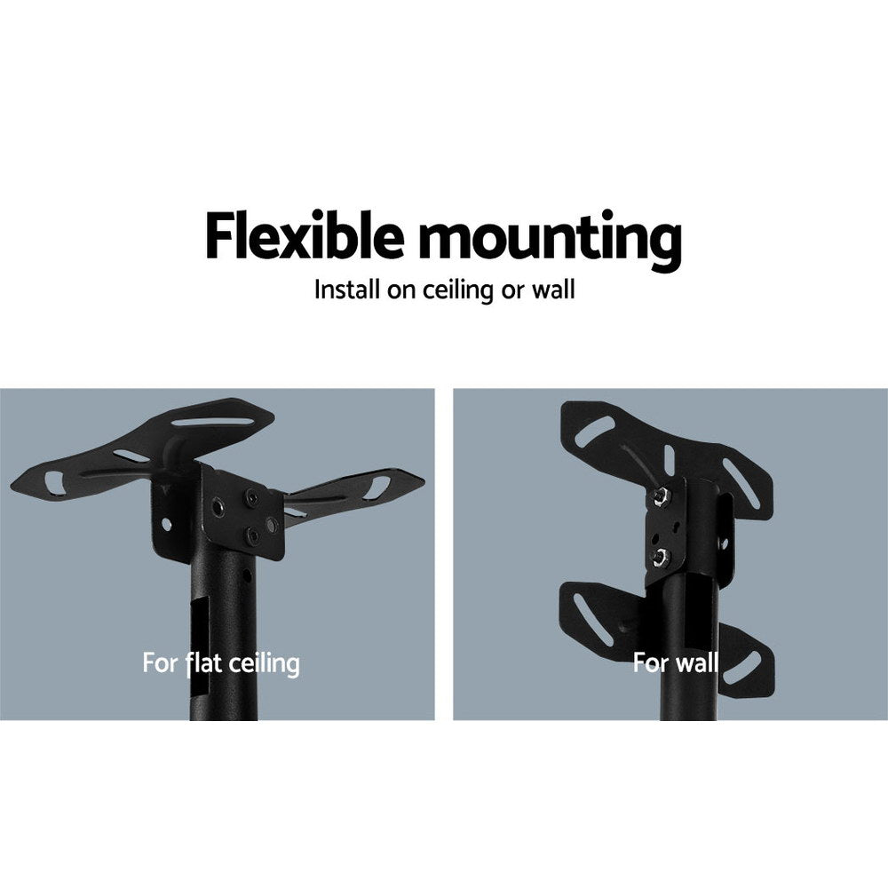 TV ceiling mount flexible mounting infographic showing flat ceiling plate and wall bracket plate installation options