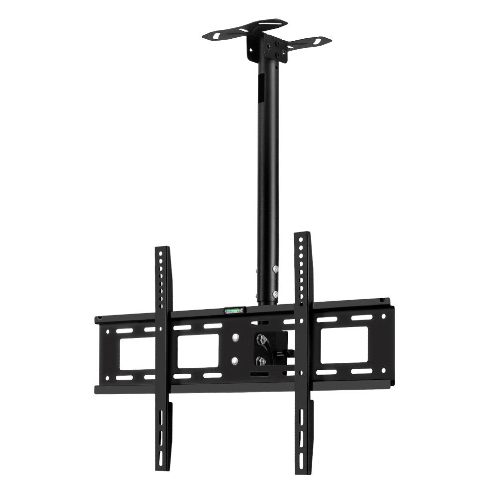 Black TV ceiling mount angle view on white vertical pole ceiling plate and horizontal TV mounting plate spirit level
