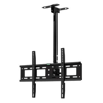 Black TV ceiling mount angle view on white vertical pole ceiling plate and horizontal TV mounting plate spirit level
