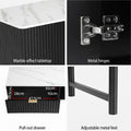 Detail panels: marble-effect top, metal hinge, pull-out drawer 47.5cm wide, and adjustable metal legs
