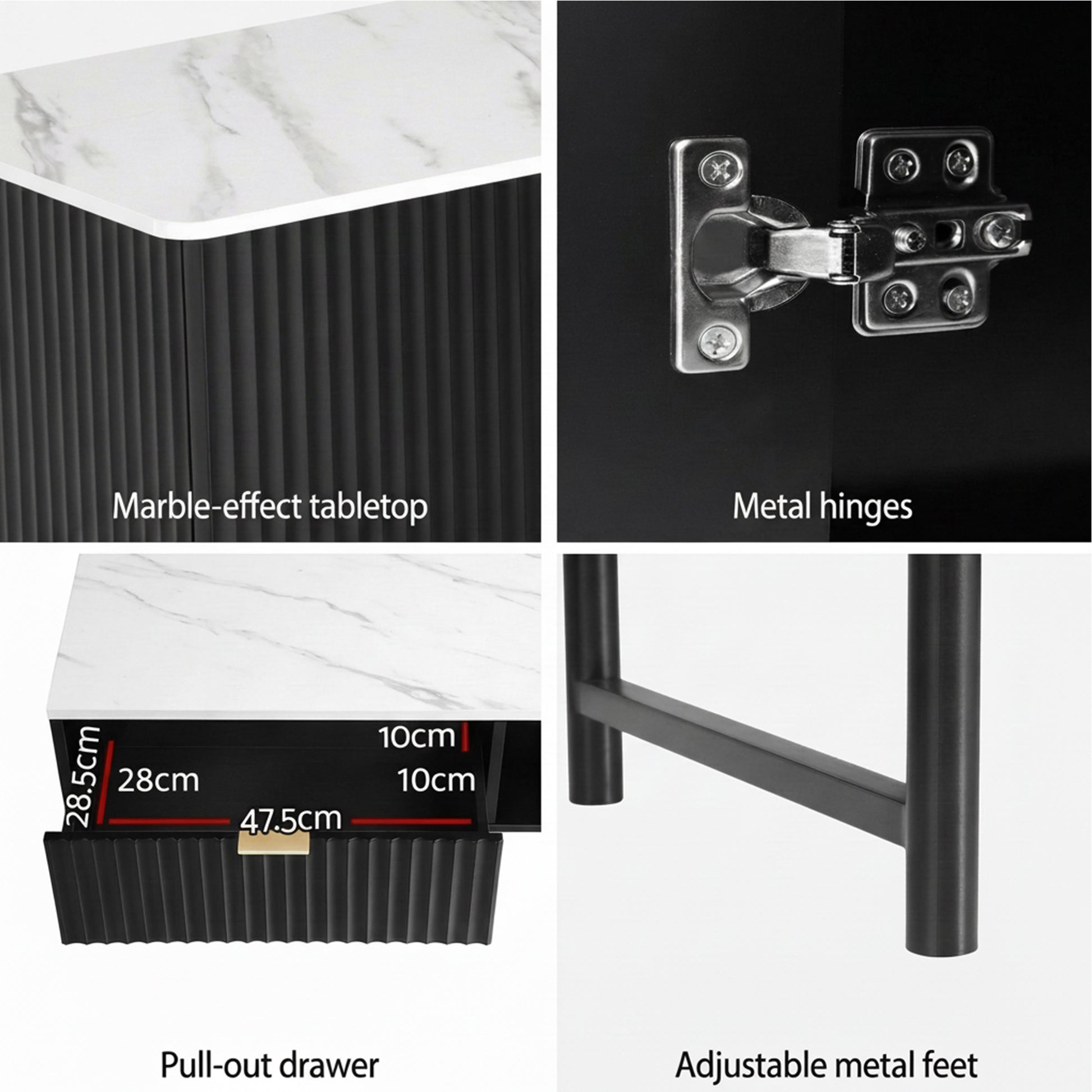 Detail panels: marble-effect top, metal hinge, pull-out drawer 47.5cm wide, and adjustable metal legs