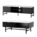 TV unit with open shelving and coffee table with storage open, white background, marble tops and black reeded panels