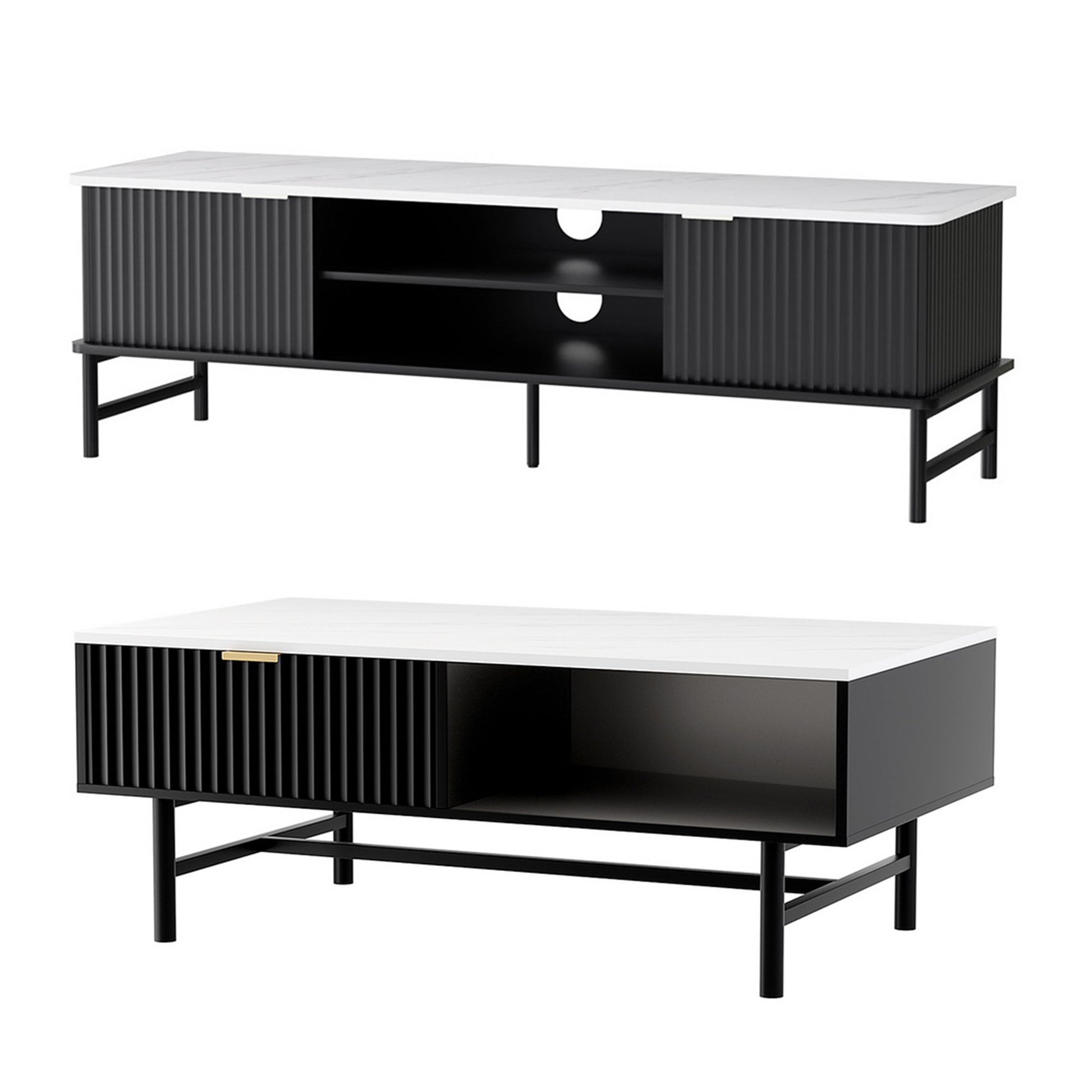 TV unit with open shelving and coffee table with storage open, white background, marble tops and black reeded panels