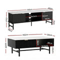 TV unit dimensions 140x47cm and coffee table 110x42cm, both with white marble top and black ribbed cabinet