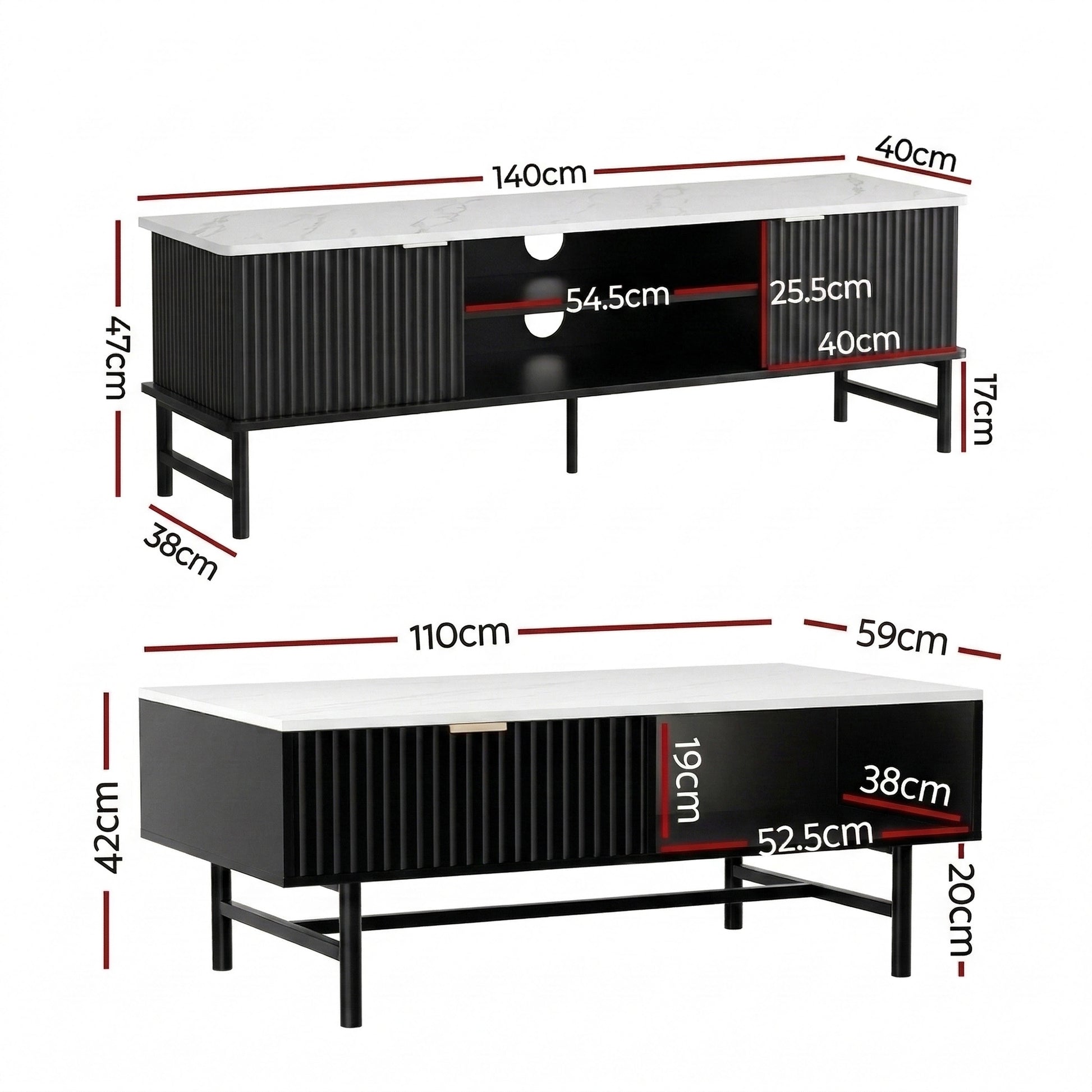 TV unit dimensions 140x47cm and coffee table 110x42cm, both with white marble top and black ribbed cabinet