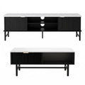 TV unit and coffee table on white background, white marble tops, black ribbed panels, open shelving and sliding door visible