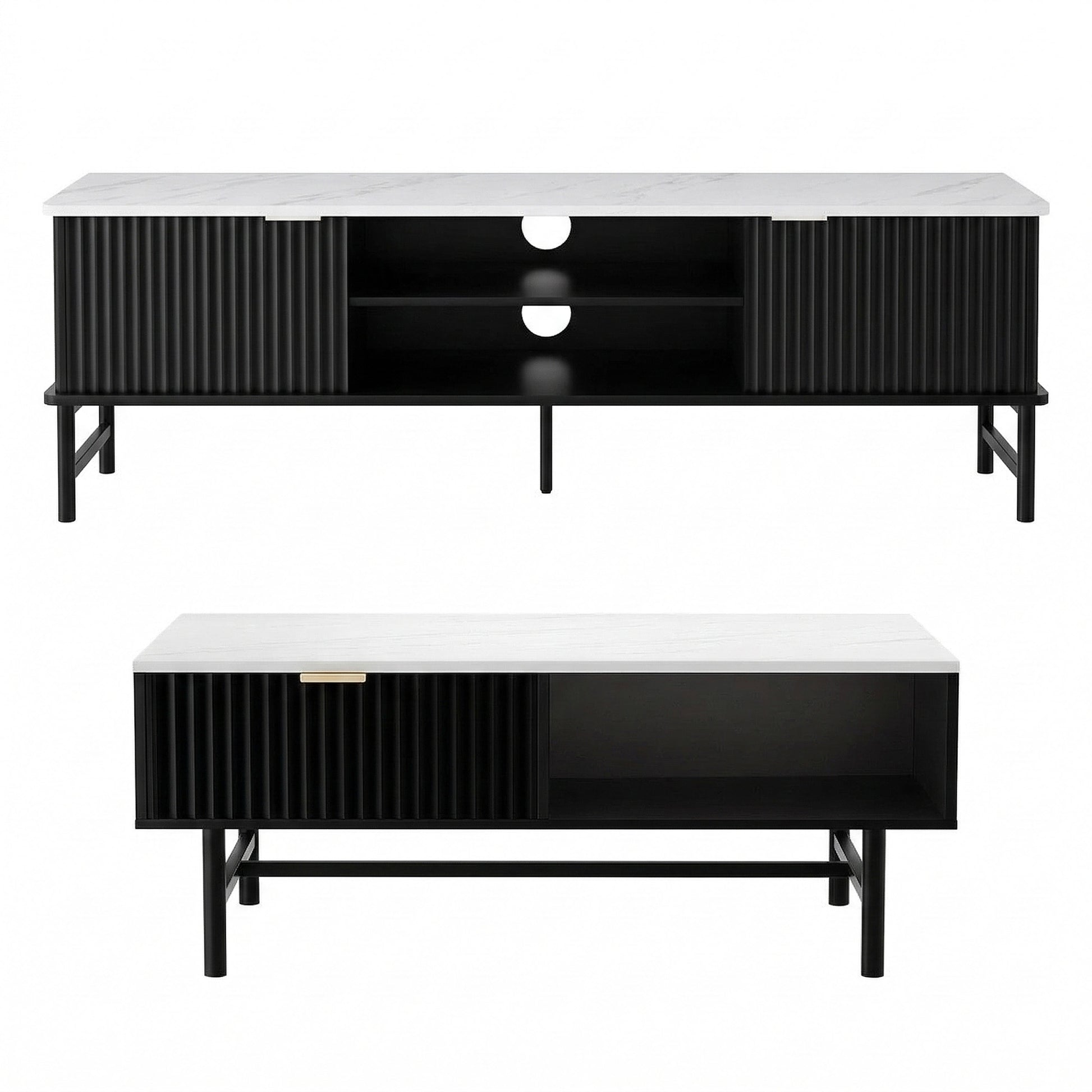 TV unit and coffee table on white background, white marble tops, black ribbed panels, open shelving and sliding door visible