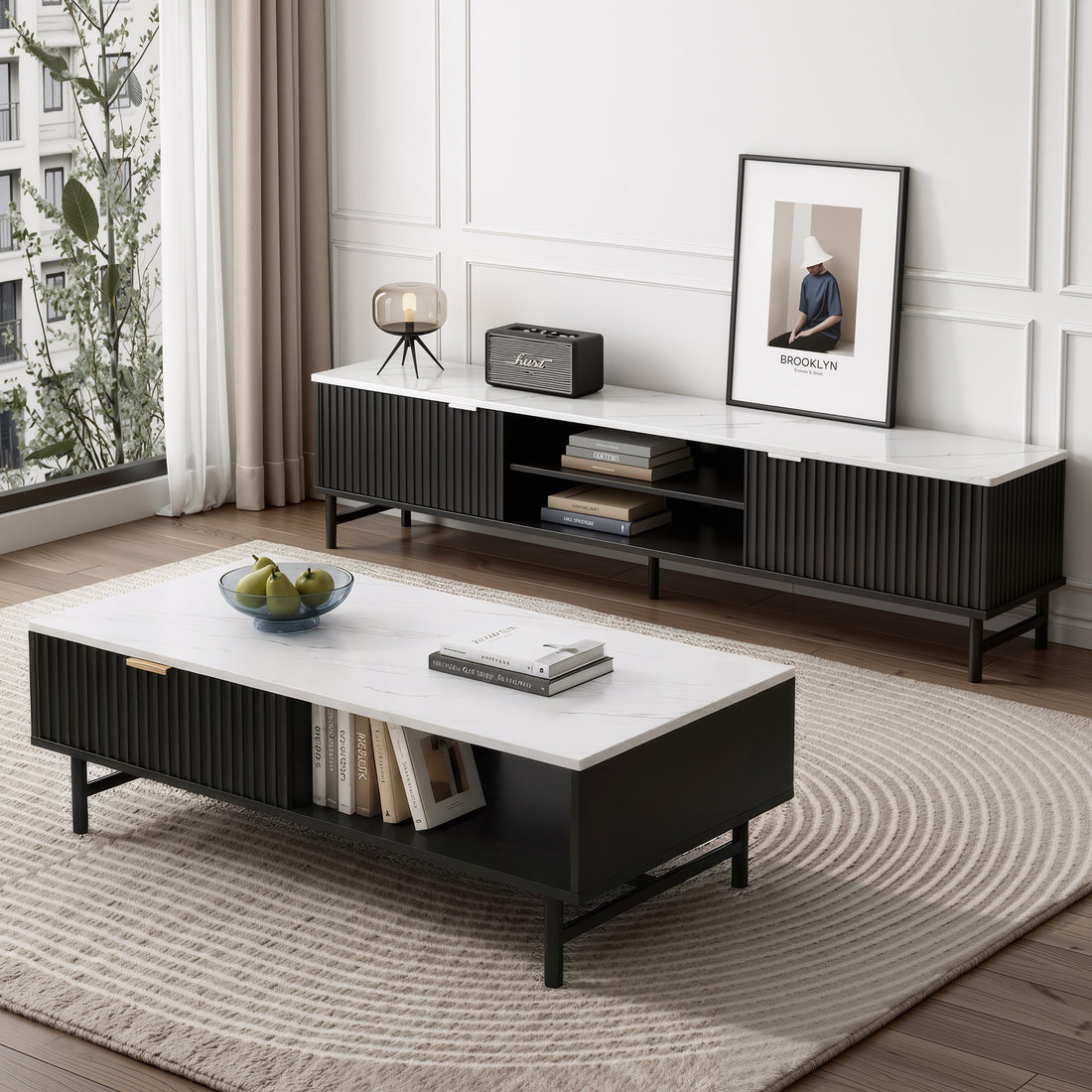 TV unit and coffee table set with white marble tops, black ribbed doors and metal legs in modern living room