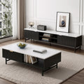 TV unit and coffee table set with white marble tops, black ribbed doors and metal legs in modern living room