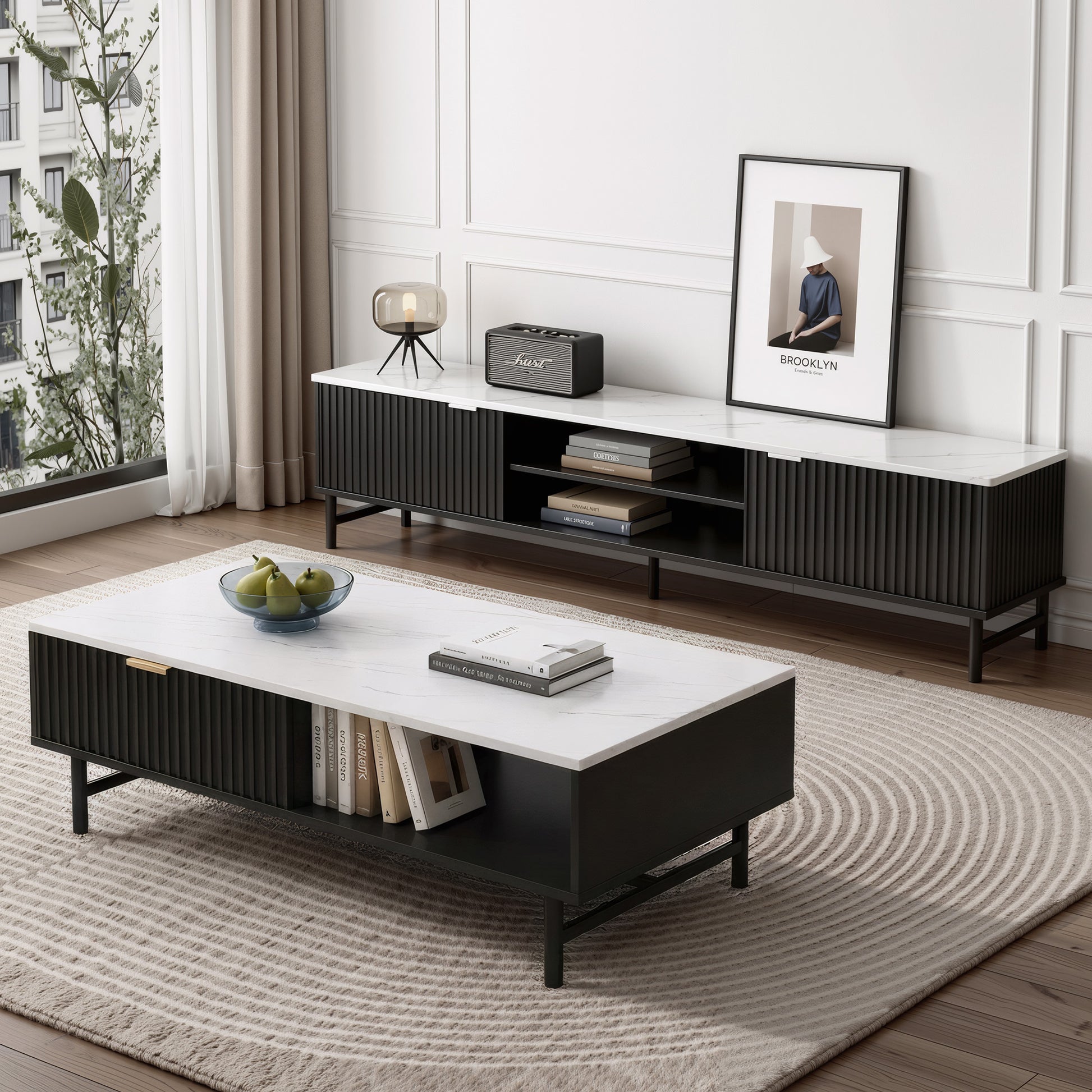 TV unit and coffee table set with white marble tops, black ribbed doors and metal legs in modern living room