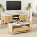 TV unit and coffee table set with white marble tops, natural wood ribbed panels and round legs, styled in bright living room