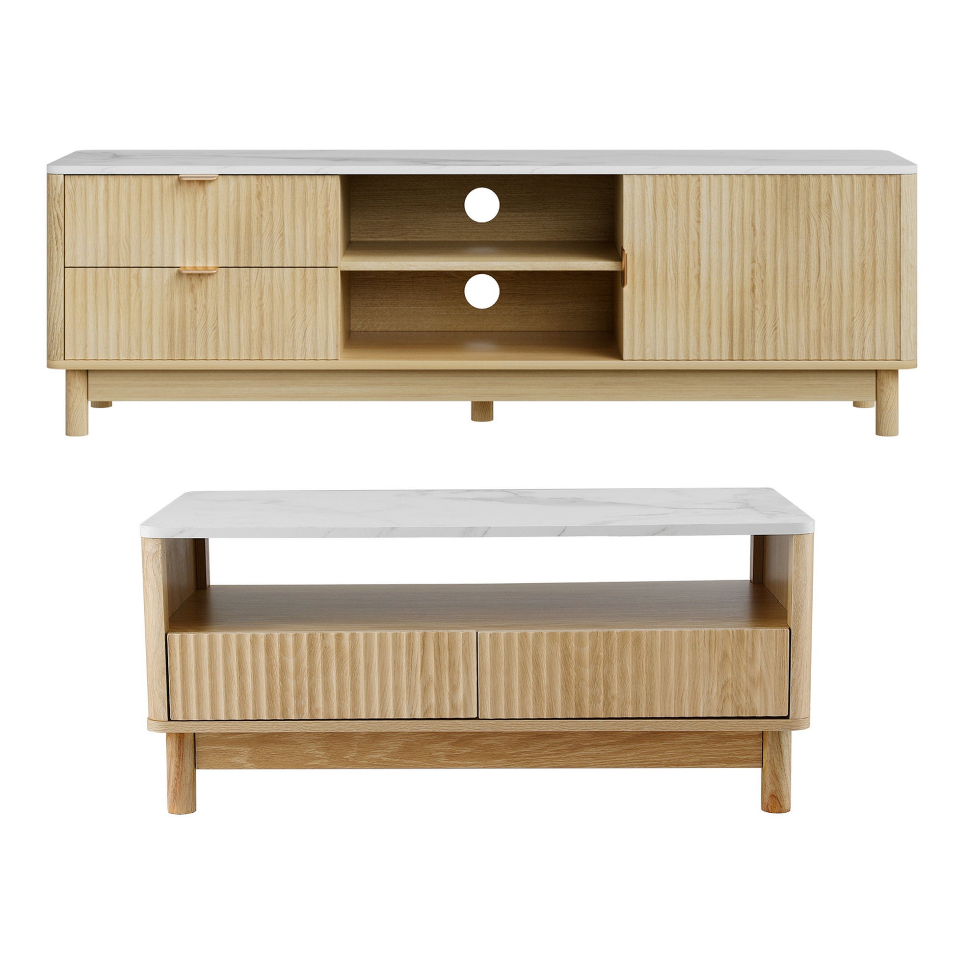 TV unit with two drawers and open shelving, coffee table with fluted drawers, both white marble tops on white background