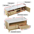 Dimensions diagram: TV unit 150x47cm and coffee table 90x40cm, white marble tops, natural wood with capacity labels