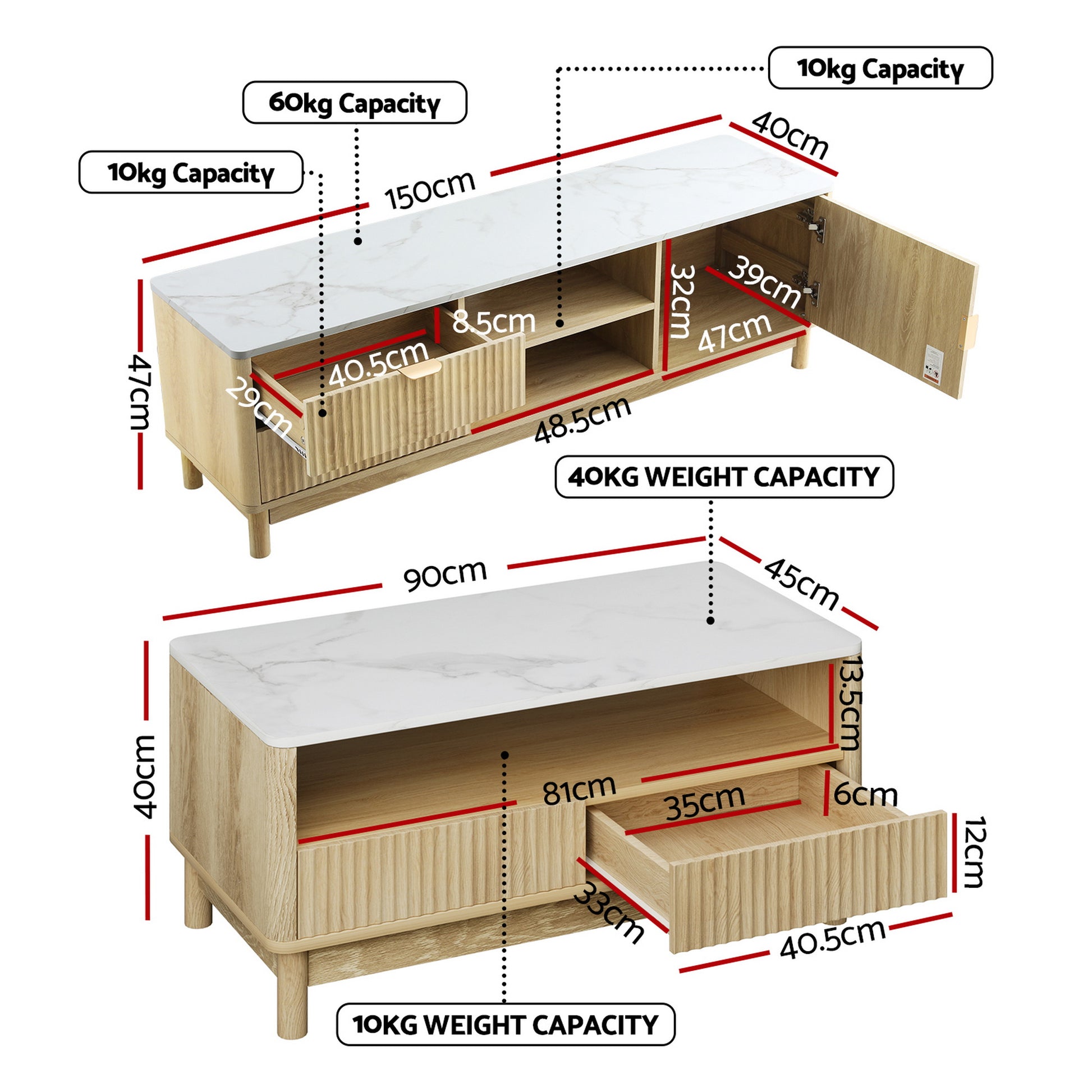 Dimensions diagram: TV unit 150x47cm and coffee table 90x40cm, white marble tops, natural wood with capacity labels