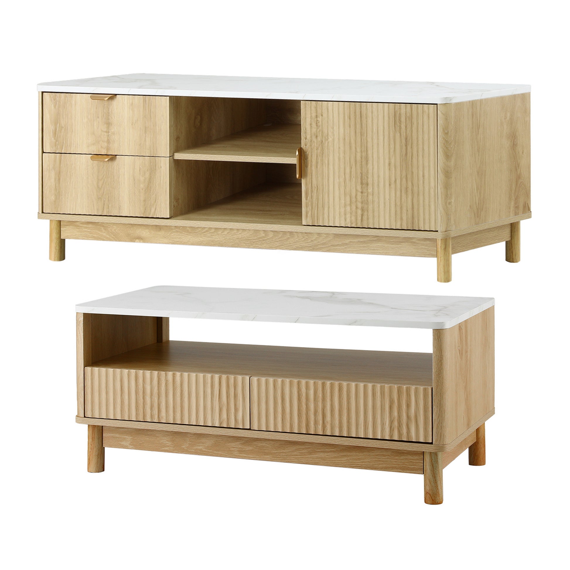 TV unit and coffee table set on white background, white marble tops and natural oak bodies, drawers and open shelving visible