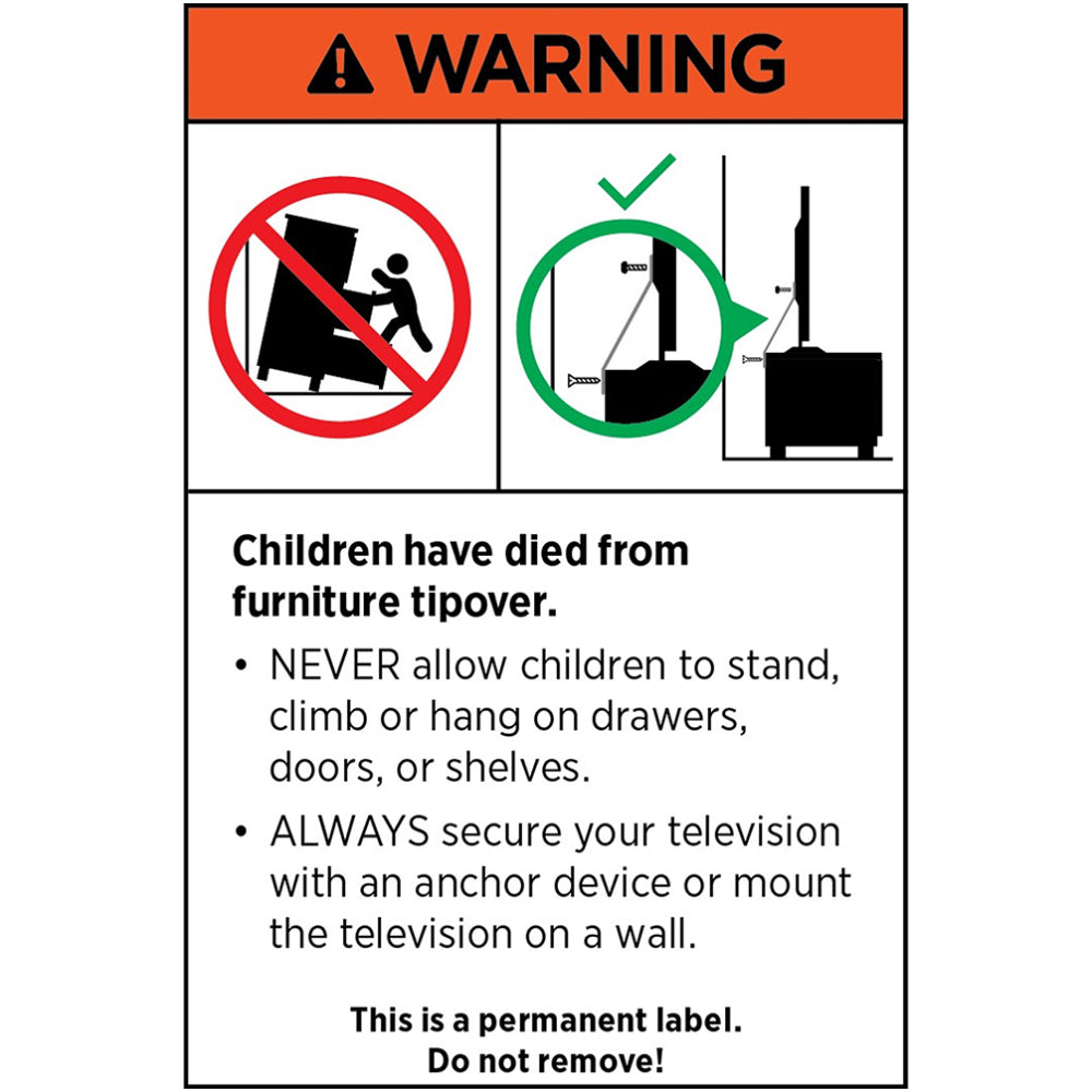 Furniture safety warning card advising to secure TV with anchor device and keep children from climbing