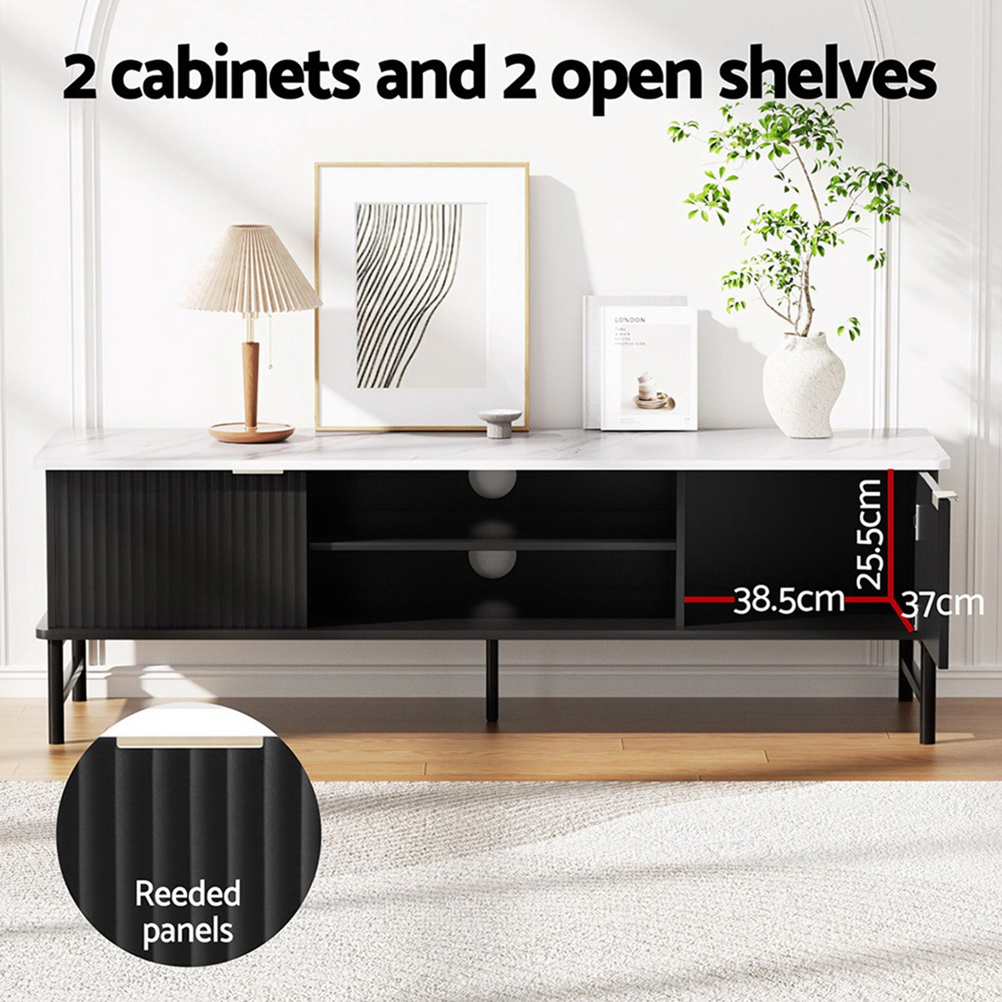 TV unit styled with lamp and decor, open center shelving shown, reeded panel close-up, text: 2 cabinets and 2 open shelves