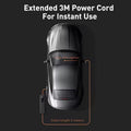 3M power cord infographic: car top-view with tyre inflator connected via cigarette lighter, cable length 3 metres