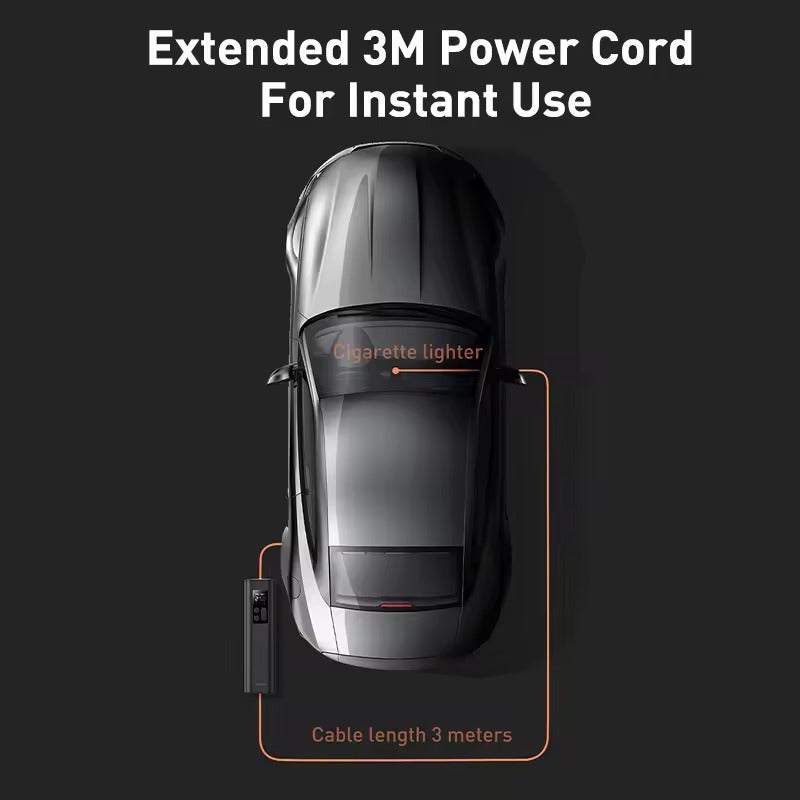 3M power cord infographic: car top-view with tyre inflator connected via cigarette lighter, cable length 3 metres