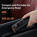 Hand holding tyre inflator in car, red leather seat; text: 480g weight, 220 x 46 x 48mm, Compact and Portable for Emergency