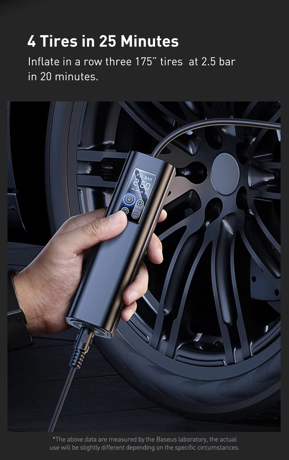 Hand holding tyre inflator with LCD showing PSI BAR 2.60 connected to car alloy wheel; text: 4 Tires in 25 Minutes