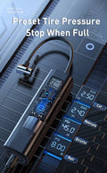 Tyre inflator preset pressure modes: Car 2.50 bar, Motorcycle 2.40 bar, Bicycle 45 PSI, Ball 8 PSI; stops when full