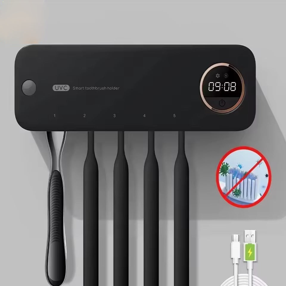 Black UVC smart toothbrush holder with 5 slots numbered 1-5, digital clock 09:08, anti-germ icon and USB charging cable