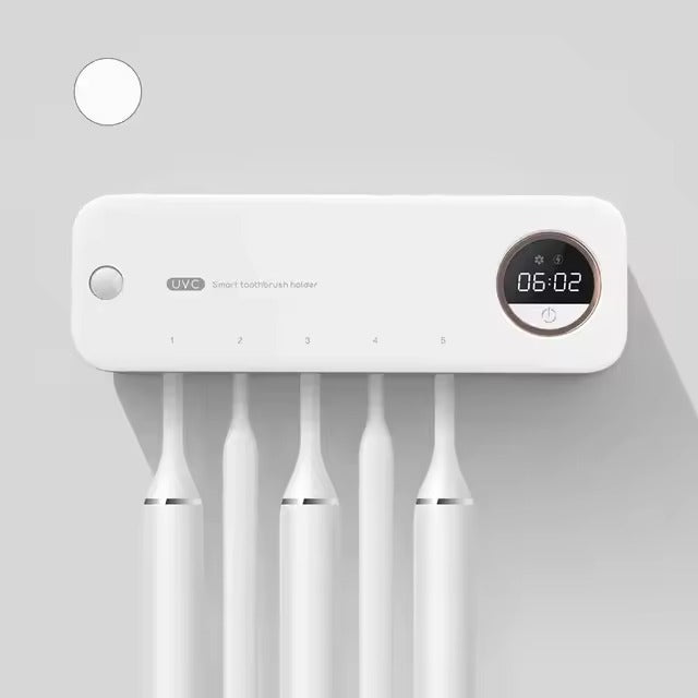 Black UVC smart toothbrush holder with 5 slots numbered 1-5, digital clock 09:08, anti-germ icon and USB charging cable