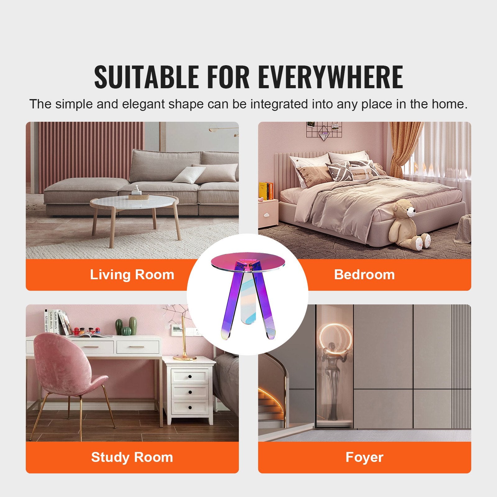 Vevor iridescent acrylic side table shown in four room settings: living room, bedroom, study room and foyer, with room