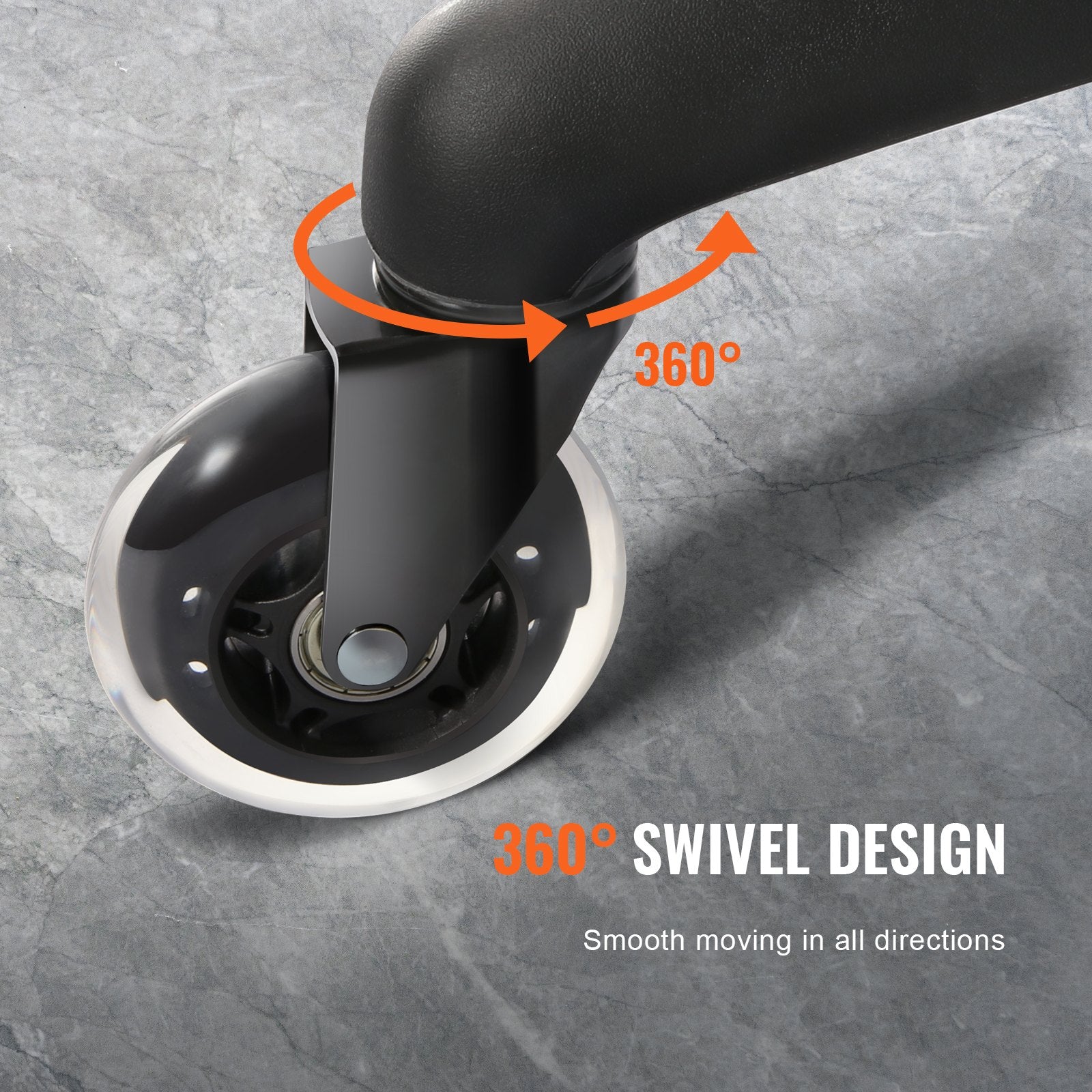 VEVOR office chair caster wheel close-up on marble floor with orange 360 degree swivel design arrow infographic