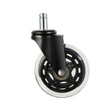 Single black office chair caster wheel with clear polyurethane outer ring and chrome stem, angle view on white background