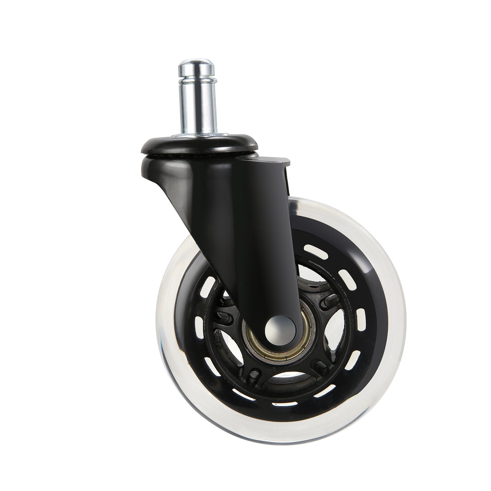 Single black office chair caster wheel with clear polyurethane outer ring and chrome stem, angle view on white background