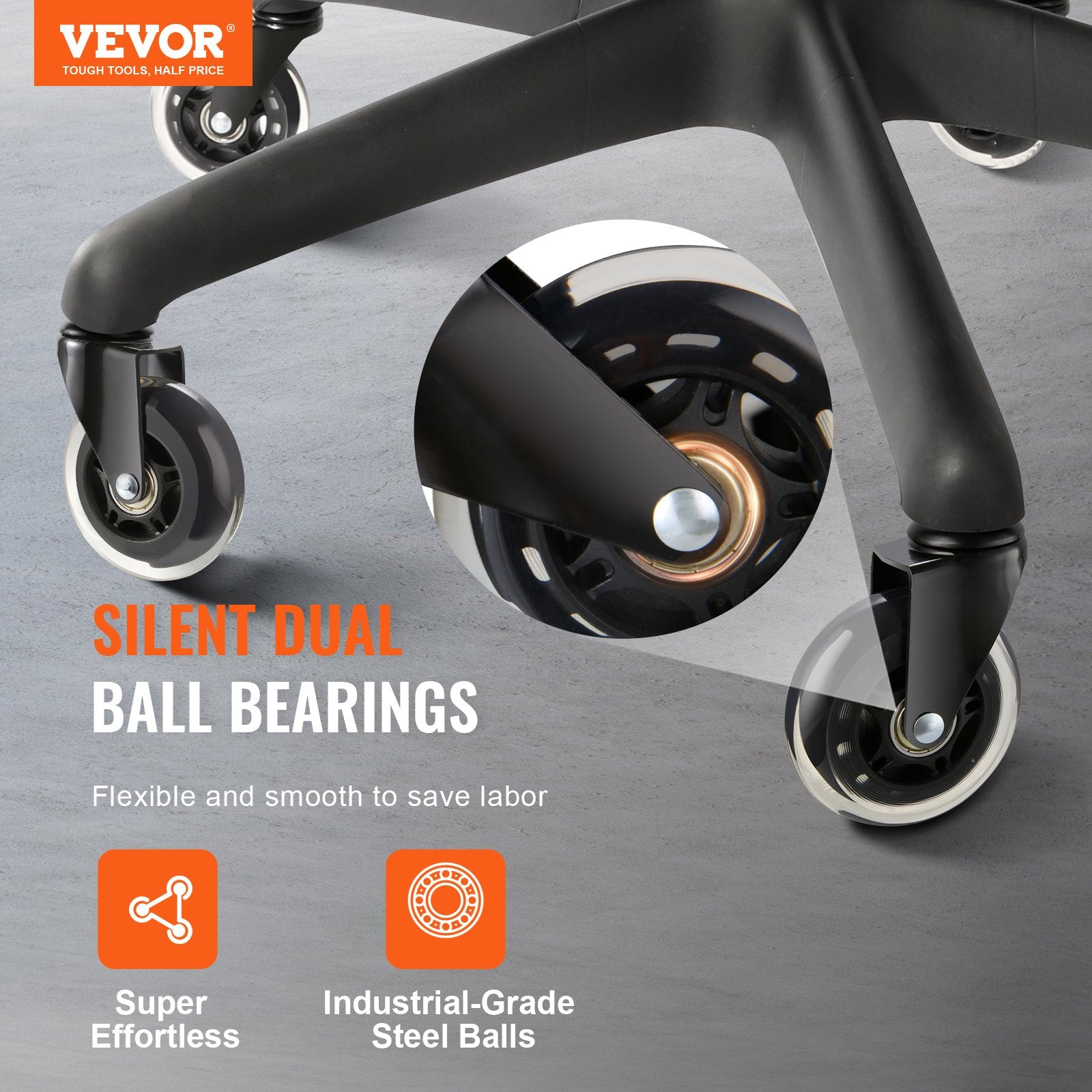 VEVOR caster wheels on black base showing silent dual ball bearings close-up and industrial-grade steel balls callout