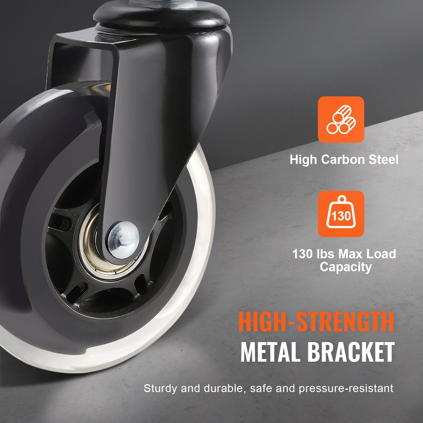 VEVOR caster wheel high-strength metal bracket: high carbon steel and 130 lbs max load capacity, dark grey background