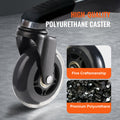 VEVOR caster wheel close-up showing polyurethane construction with premium polyurethane pellets inset on white background
