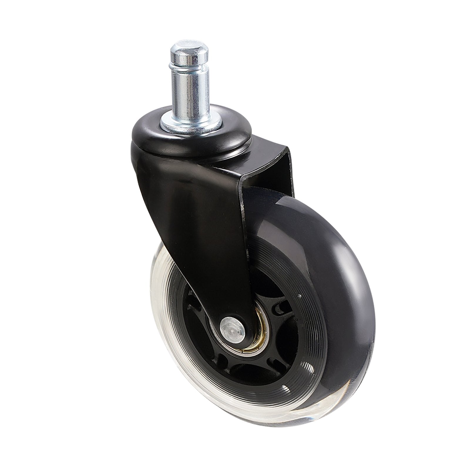 Single black office chair caster wheel with chrome stem and clear polyurethane outer ring on white background, angle view