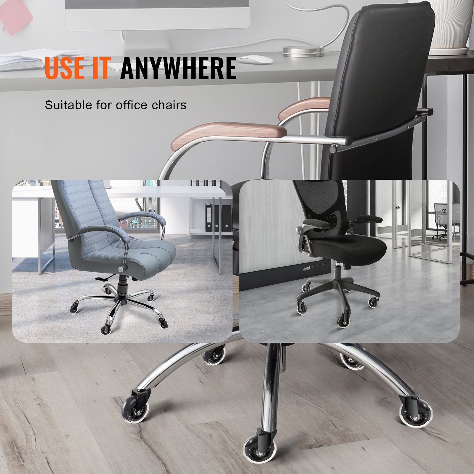 VEVOR caster wheels use it anywhere infographic showing installation on three different office chairs in office settings