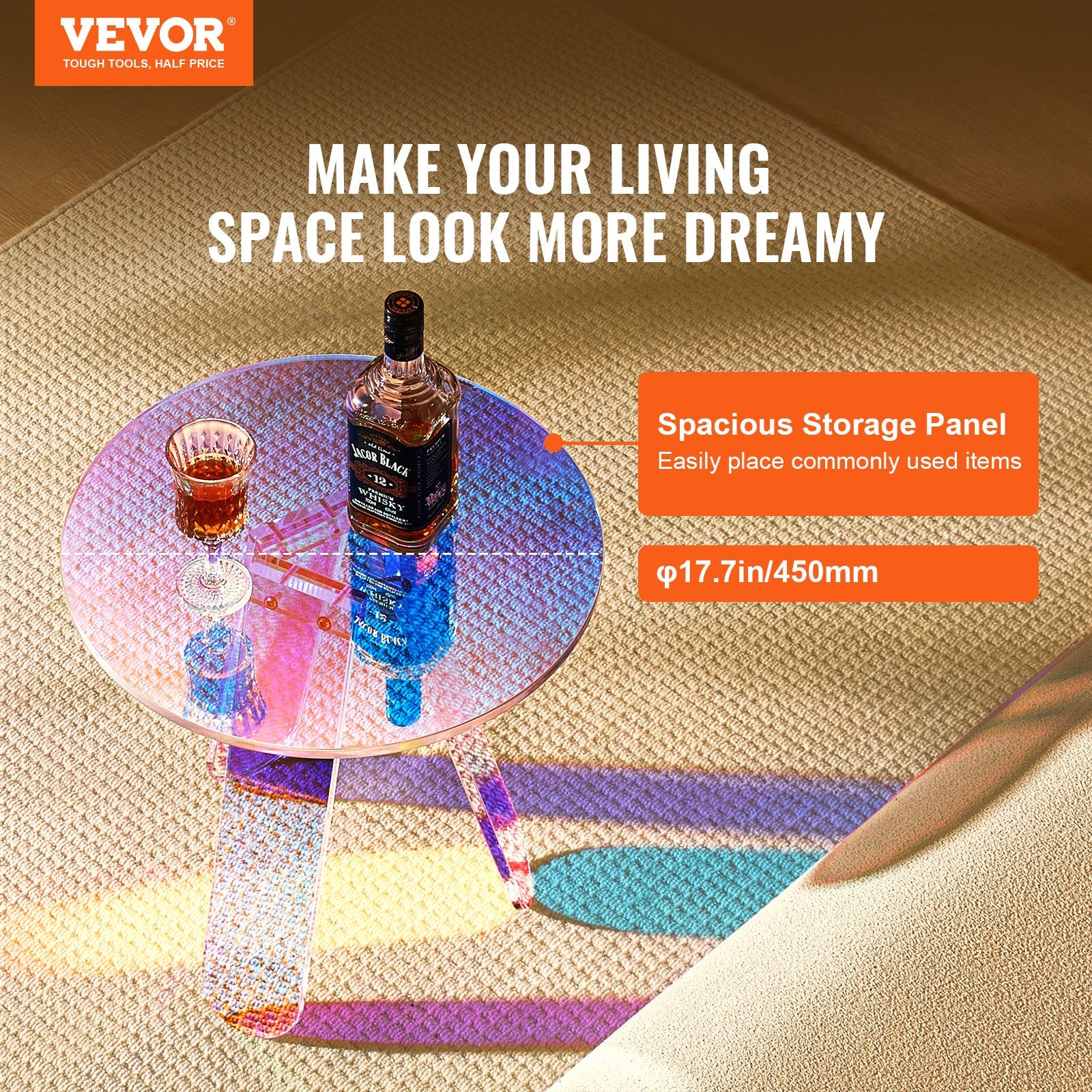 Vevor iridescent acrylic side table feature infographic showing 450mm diameter tabletop dimension and spacious storage panel
