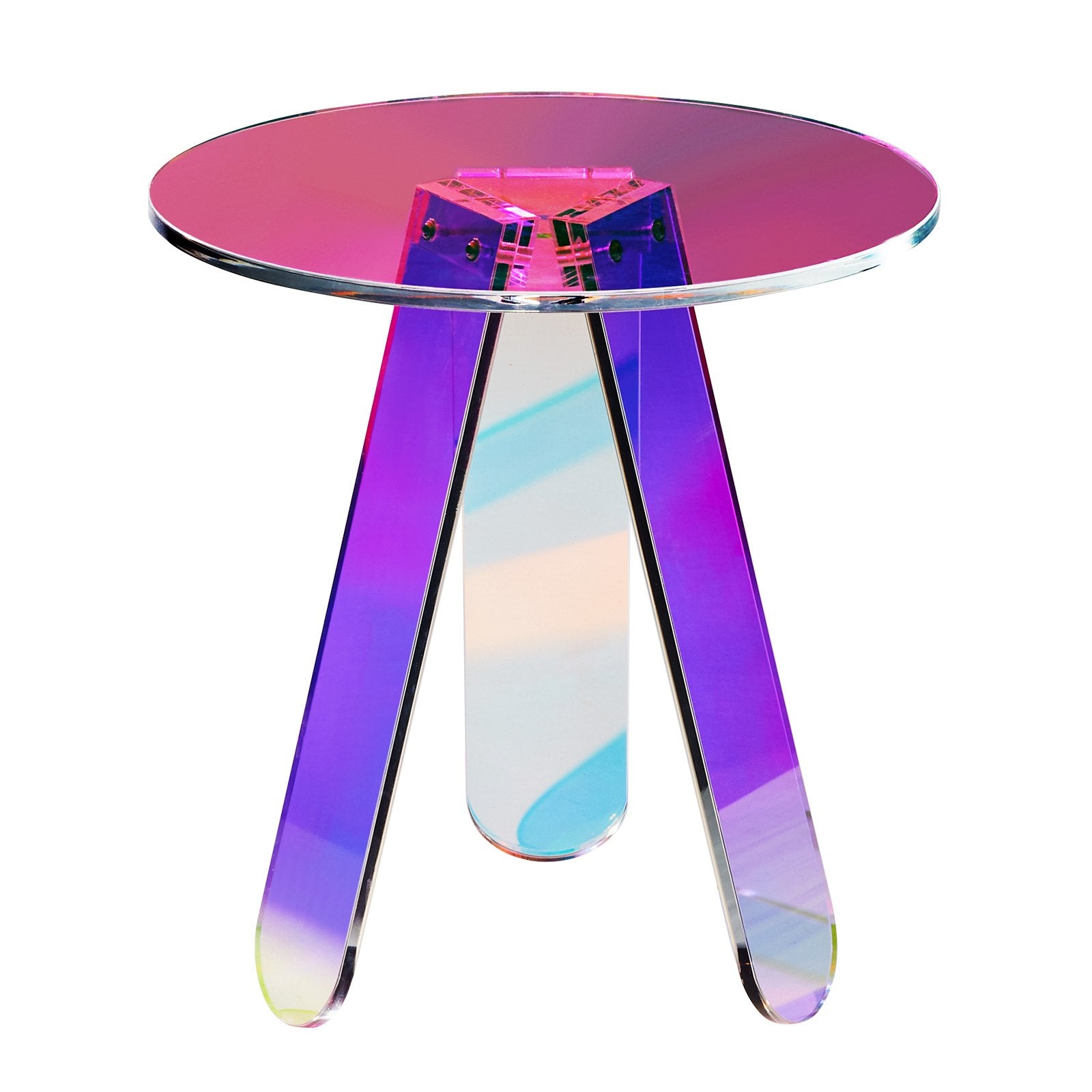 Round iridescent acrylic side table with three flat legs shifting pink, purple and blue on a white background