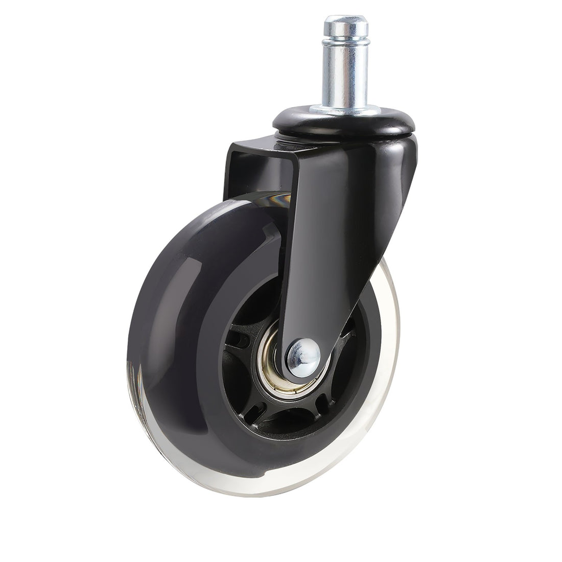 Single black polyurethane office chair caster wheel with chrome stem and ball bearing hub on white background