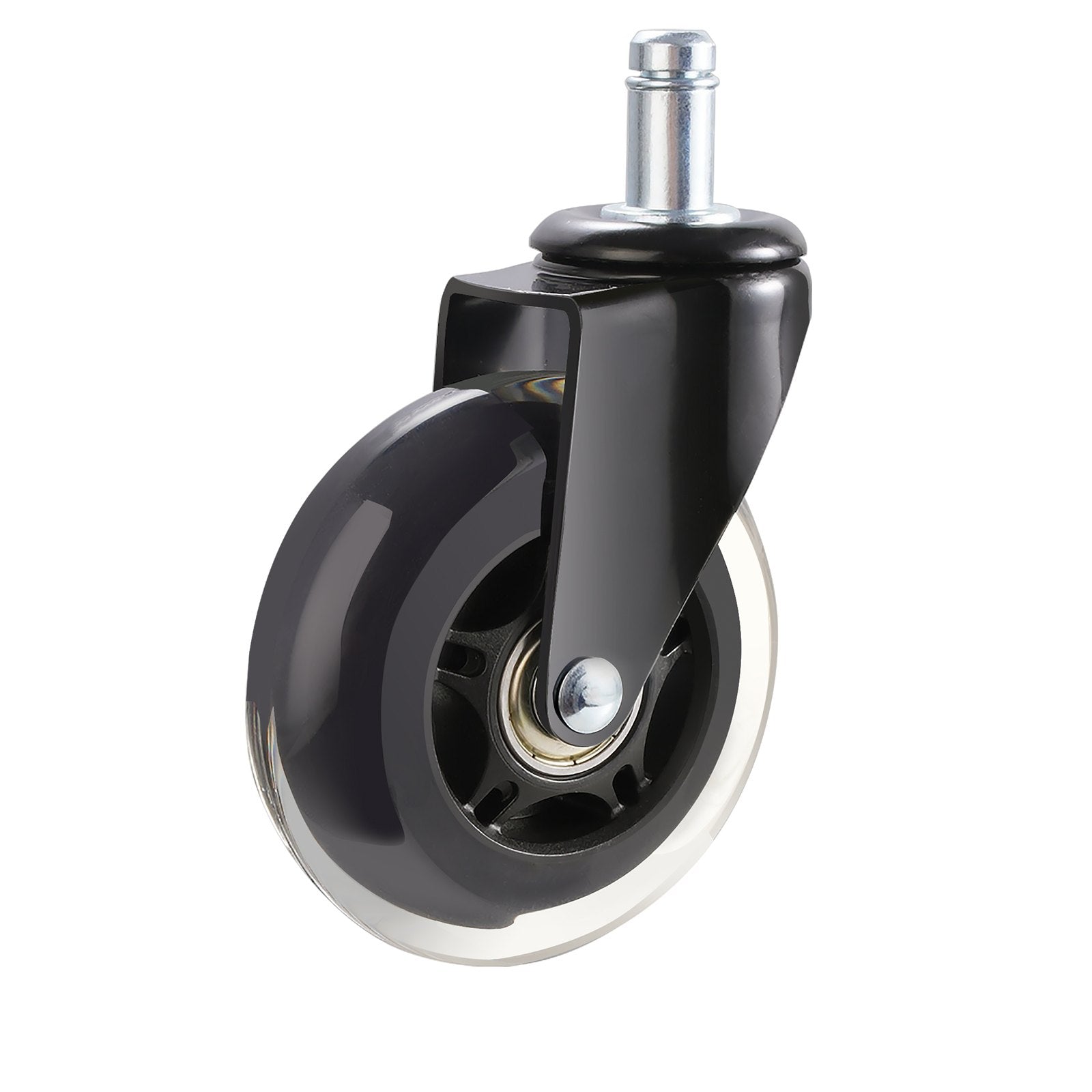 Single black polyurethane office chair caster wheel with chrome stem and ball bearing hub on white background