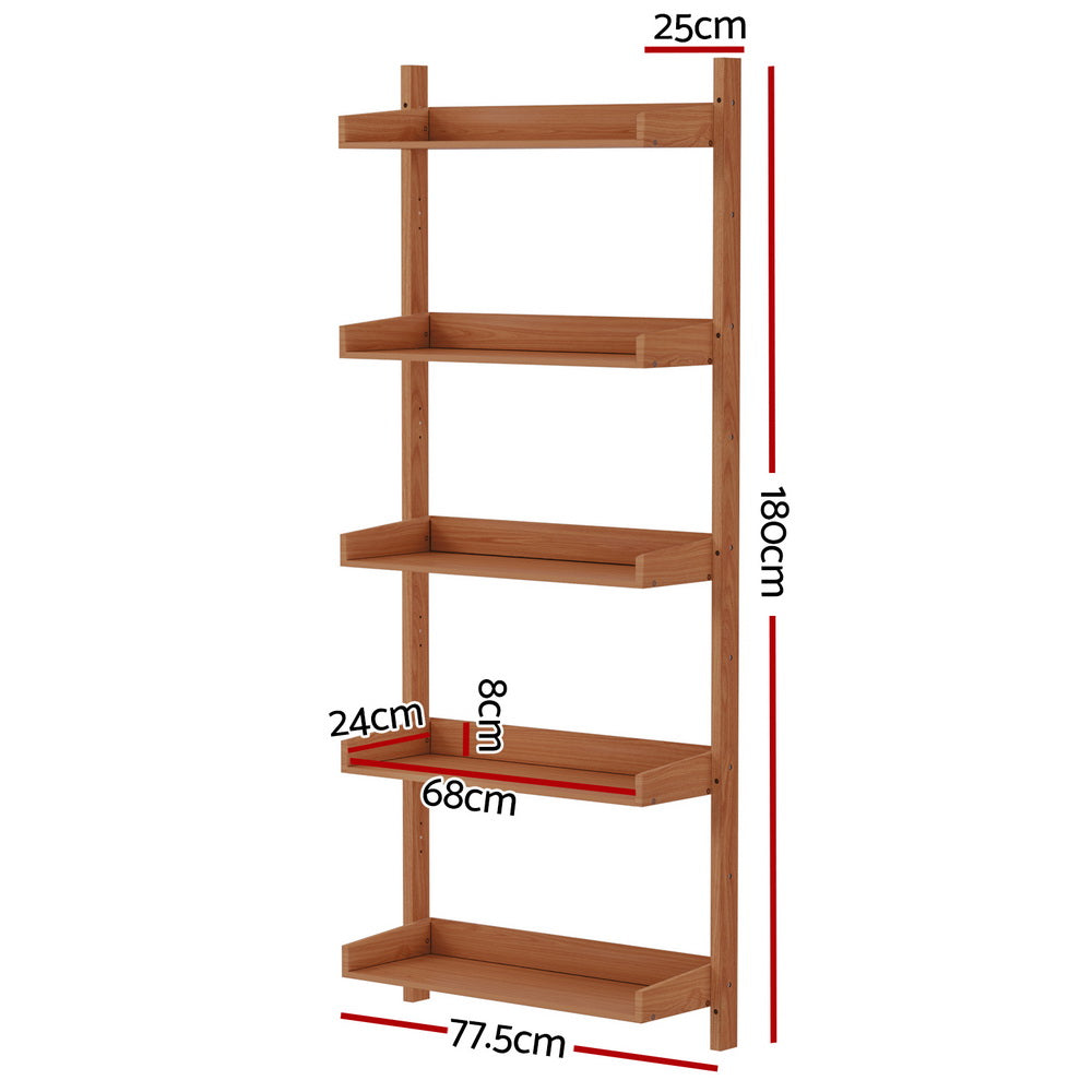Five-tier wall-mounted ladder shelf in warm brown wood with raised shelf lips, angle view on white background