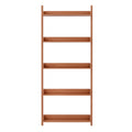 Five-tier wall-mounted ladder shelf in warm brown wood with raised front lips, front view on white background