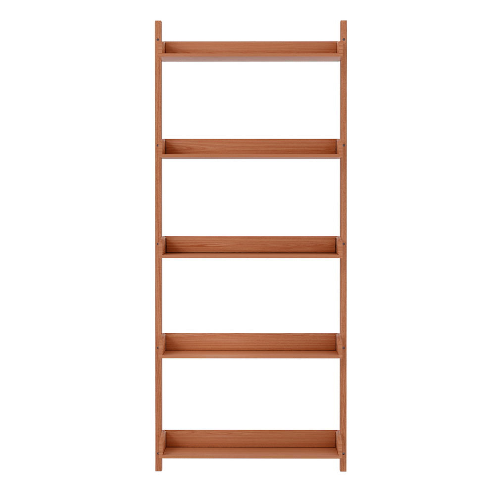 Five-tier wall-mounted ladder shelf in warm brown wood with raised front lips, front view on white background